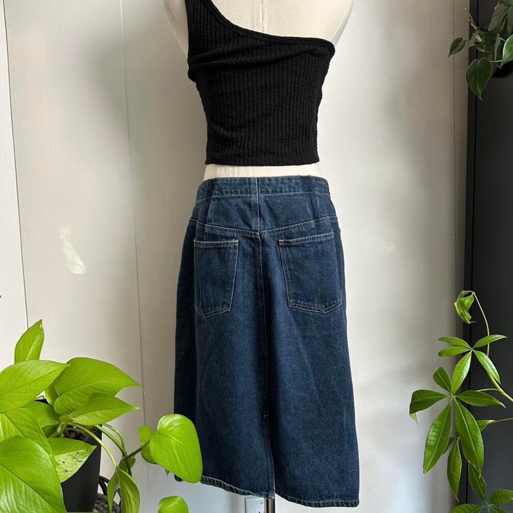 Vintage Faded Glory Denim Midi Skirt Dark Wash Rhinestone Studded Blue Womens 12 - Picture 4 of 6